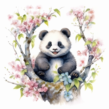 a cute happy laughing baby panda sitting proudly on a spring branch, teacher, with a few spring blossoms and leaves framing the scene, vivid colors, watercolor by thomas w. shaller, clipart, white background, no watermark, 8k, super resolution, megapixel