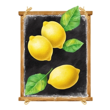 on white background cute and vibrant clipart featuring lemon chalk drawing on chalkboard in watercolor style, hyper realistic photo flat color