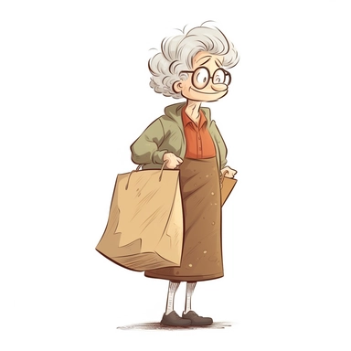 Cute old lady carrying a paper bag of groceries, groceries visible from the bag, no background, child style, 2D, vector, good quality, illustration from Pixar children's book, vector, cartoon character, hand drawn, clipart