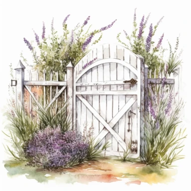 hand drawn opened white country garden gate with rosemary beside it, inside is an herb garden with lavender up front, glamorous, very detailed and realistic , watercolor, white background with margins, clipart style