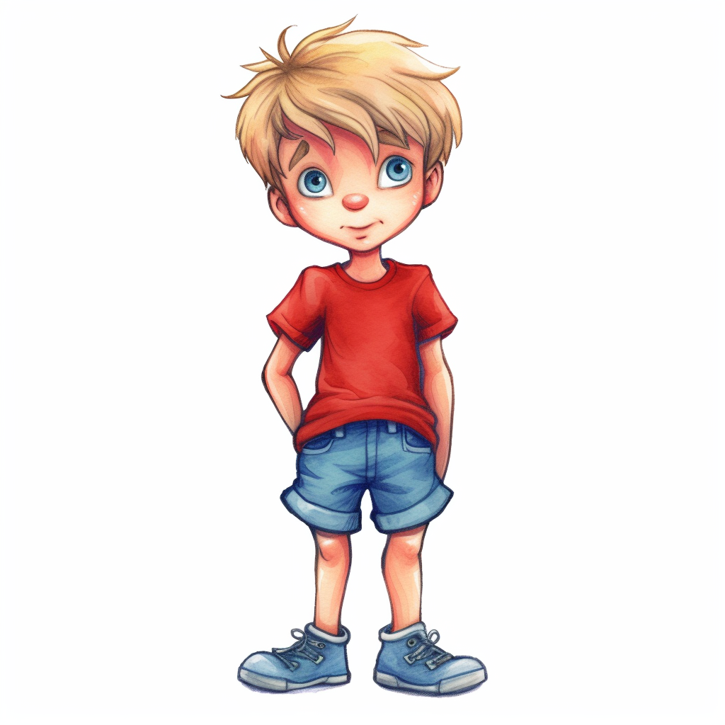 a young boy with blonde hair, blue eyes, wearing a blue shirt and red ...