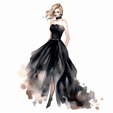 Watercolor full body girl wearing black elegant party dress drawing, illustration clipart, high detailed, white background, digital art