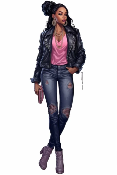 Illustration detailed clip art illustration on a white background, pose full-length model black woman Musier Paris Kelsey biker jeans jacket and chocker with body jewelry, long thick braided hair, cute nose, makeup, lips fashion pink, elegant classy, shiny colors, hyper details sticker art, elegant, modeling,