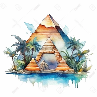 Watercolor Fantasy Ancient Egypt Pyramid Clipart, white background