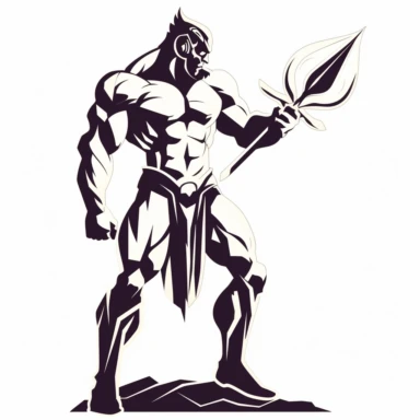 the image of a Titan with one spear in his hand on white is shown, in the style of stencil art, heavy outlines, flickr, hard edge, sculpted, woodcut, clipart cut file cuttable cricut vector