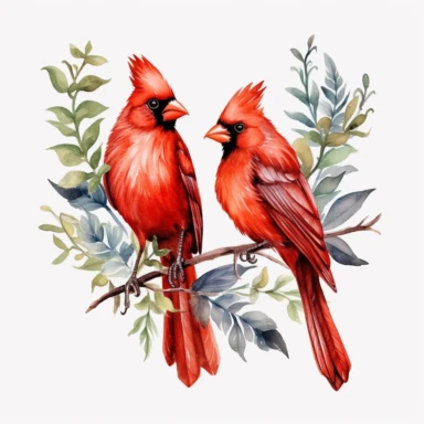 red cardinal bird couple, clipart, minimalism, watercolor, green leaves