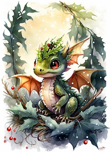 Cute little happy christmas baby dragon with winter greenery on the head and with big eyes and with wings, watercolor by Thomas w. schaller, clipart, solid background, hd