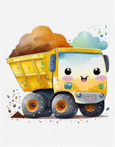 detailed watercolor kawaii dump truck, isolated on a white background, clipart