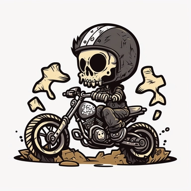Cartoon cute funny punk skull character on a little dirt bike doodle vector clipart thick lines black ink simplistic
