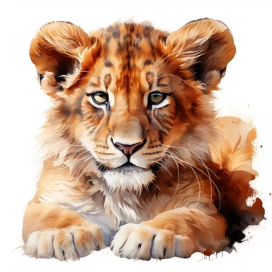 hyperrealistic ultra detailed watercolor clipart, cute baby lion sleeping, isolated on white background, in the style of digital print, clipart, illustration, sticker, ultra high definition, rich details, 32K, HD