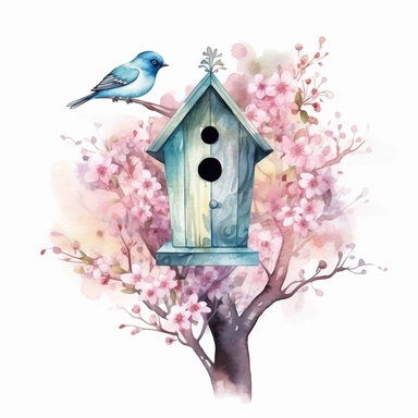 Vector clipart, isolated on white background, beautiful lovely Watercolor Spring wooden bird house hanging on the blue bloming tree, ornated, pastel and saturated colors