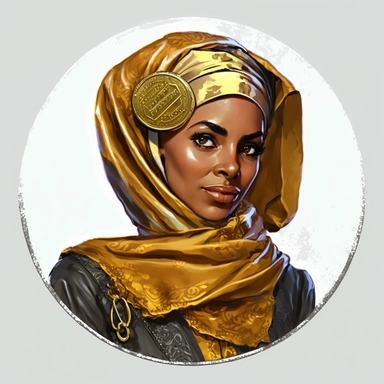 regency female Arabian African noble guild merchant politician, Josh Kirby Mad Max Lord of the Rings, handpainted enamel punk zine indie retrowave, clipart illustration character portrait, circle white background
