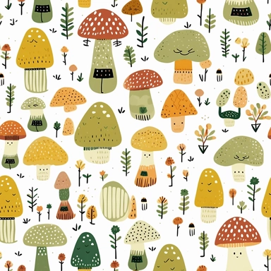 on white background, clipart image of playful and whimsical mushroom characters with exaggerated features and vibrant colors, moss green and gold in illustrator flat color
