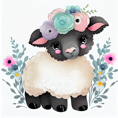 Cute black sheep clipart with watercolor illustration, Cute black sheep with flowers on head, Baby black sheep, extremely detailed, watercolor clipart, white background,