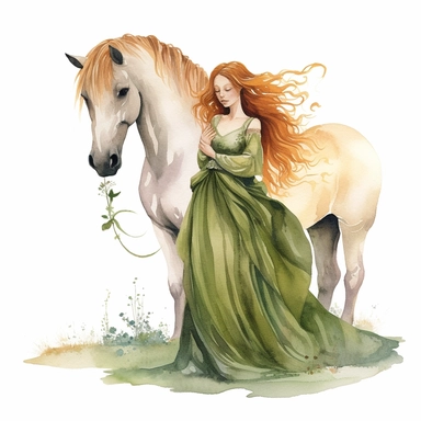 Pagan style beautiful Nature red braided haired Healer goddess hugging a big horse at the big plants field with watercolor effect,long skirt,suitable for digital clipart,white background,full body,impressive woman,-dark colors,green,khaki,wild colors
