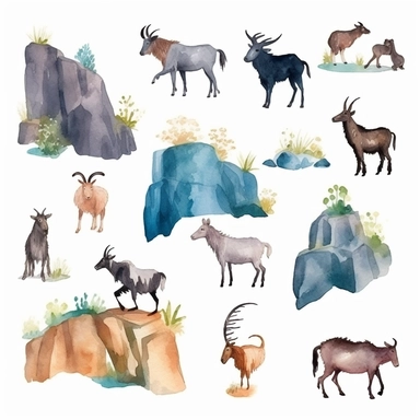 Watercolor wild goats climbing rocks in mountain , illustrations clipart set, simple , cartoon elements, rocks, bushes , different variants , , separate elements with a margin
