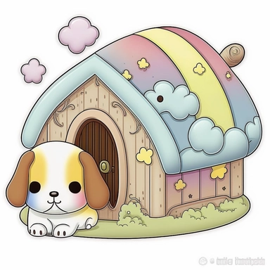 clipart with white background of a doghouse in the style of kawaii, fantasy and mystical