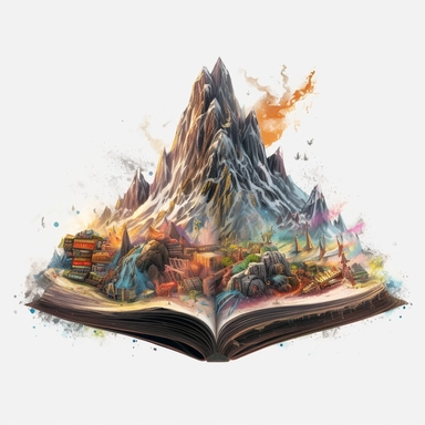 the lonely mountain coming out of the pages of an open book, lord of the rings, fantasy, magic sparkling in the air, Fantasy Clipart, PNG Clipart, Illustration clipart, white background, vivid color, 4K, extremely detailed