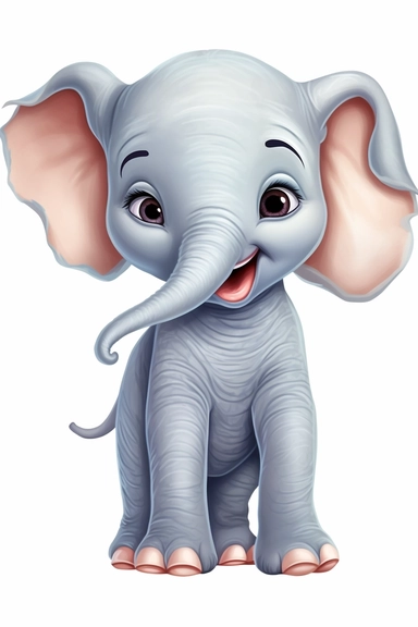 2D animation, illustration of happy exicited baby elephant clipart, simple colors plain white background full zoom out