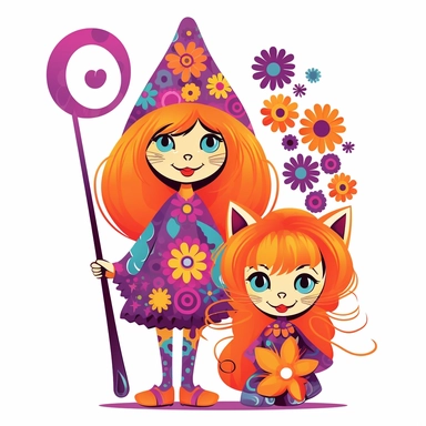Groovy hippie 60s halloween witch and small cat, magical, Funny cartoon flower power clipart white background