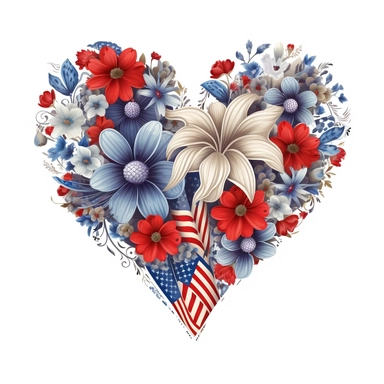 realistic illustration, heart clipart with floral decoration, with colors of the united states flag, july 24th, high definition embedded details, white background,