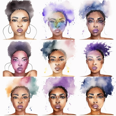 watercolor mixed young african american adult self-care facial clipart, hd, on white background, spaced out--ar 3:2--s 1000