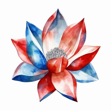 watercolor lotus flowers, red white and blue, union jack, great britain, clipart, white background,