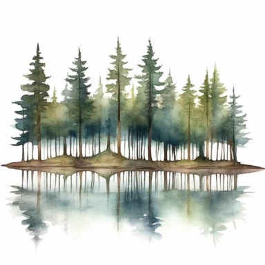 A watercolor painting of beautiful Lakeside Pine Trees Clipart by the best 10 artists in the world, isolated on white background, no text,