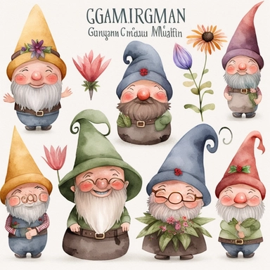 watercolor, clipart set isolate, Garden Gnomes: Clipart illustrations of adorable garden gnomes with pointy hats and cheerful expressions, adding a whimsical touch to your designs.