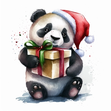 Cute and Happy Panda wearing a Santa hat and holding a Christmas present, Clipart. watercolor style, white background
