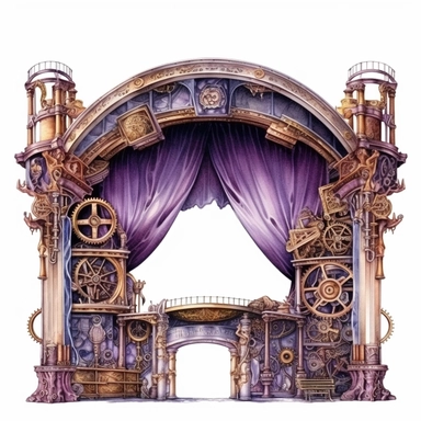 Steampunk theatre stage with luxurious, violet curtains decorated with intricate mechanical elements, grand copper archways, and a panoramic backdrop of a high-flying zeppelin amidst a gear-filled sky, hyper-realistic, watercolor, intricate details, retro-futurism, solid white background, watercolor clipart