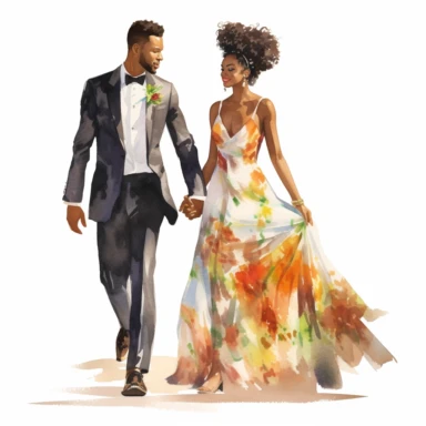 Athletic Afro-Caribbean bride and slim Chinese groom, walking hand in hand, confident and radiant, watercolor, Pixar style, Clipart on a white background.