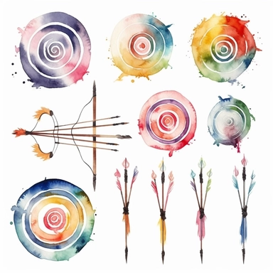 clipart set of bullseye target, bow and arrow for archery, silhouette playing archery and firing an arrow, whimsical watercolor painting, separated with white margins between each item, isolated on white background