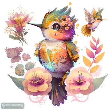 watercolor baby humming bird clipart, full body, chibi, Nursery Art, Nursery Decor, dreamy eyes, magical, high rendering, central focus, scenic background, intricate details, kawaii chibi, by Ross Tran, retro,pink light golden, Cinematic feel, tiger, Tropical,floral, colourfull,