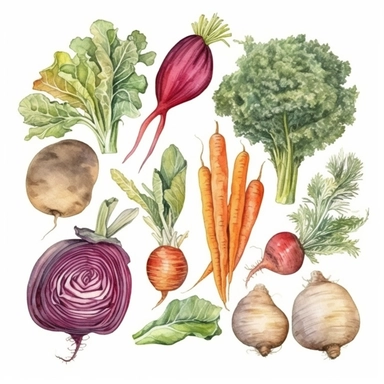vegetables, cabbage, carrot, beet, pumpkin clipart on a white background, all items are isolated from each other on a white background, watercolor illustration Beatrix Potter, high quality, photorealistic highly detailed watercolor painting
