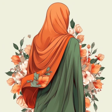 Hijabi woman back full body view clipart illustration, no face is seeing, muslim lady clipart, veiled woman clipart, floral lady hijab clipart , digital illustration style,