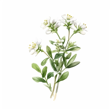 A clipart showcasing a flowering savory plant, featuring tiny white flowers clipart, white background, watercolor sophisticated drawing