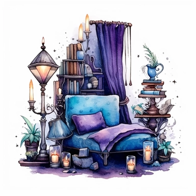 magical style wizard's magic sleeping corner with watercolor effect,suitable for digital clipart,magic tools,wizard's bed,lampshade,wizard hat,gothic candles,white background,magical gothic flowers,magical scene,fairy dark colours,green ,blue,purple,gothic details
