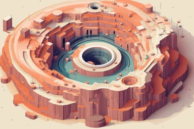 a close up of a infinite loop open pit mine on a white background, james gilleard and james jean, escher, trending on artisation, connectedness, scutoid, mit technology review, by Sam Spratt, dan mcpharlin : : ornate, wormholes, tetris, monolithic, stylized stl, clipart icon, simple 4 colors from gray to metalic blue, vector-based, sharp border, plane color and very define, high quality, digital art, 8k resolution, masterpiece, congruent, amazing, incredible, awe-inspiring, mind-blowing, masterf