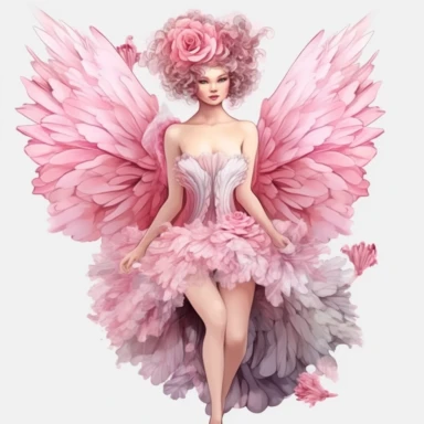 carnation flower fairy clipart, layers of pink flowers, pink, gray white stripes, large flowered wings, realism, soft skin, isolated on white background, in the style of Amy Brown, beautiful pink floral, soft color, crisp lines, chaos 8