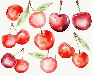 watercolor cherry fruits clipart, flat style, no volume, few details, washed out, minimalistic style, very lose details, very light colors, transparent colors, light airy hues and pastel tones, spaced out, white background, washed out colors and paint, hand-painted watercolor, watercolor spray, watercolor splash, splatters and paint smudges on top of each cherry, watercolor paper with visible rough paper texture, a variety of watercolor brushes, do not cross workspace borders, rough watercolor p
