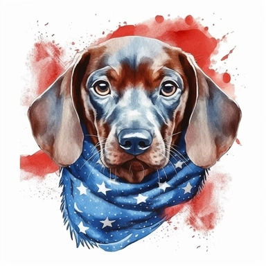 watercolor clipart illustration of a dachshund wearing a bandana, red white and blue, hand painted details, clean and simple designs, solid background color, spaced out