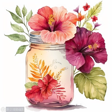 [5075739878] Watercolor clipart. A delightful watercolor illustration showcasing a bouquet of hibiscus blossoms in full bloom, their lush petals painted in shades of ruby, fuchsia, and blush, arranged beautifully in a transparent jar.. White background. No text. No caption. No logo