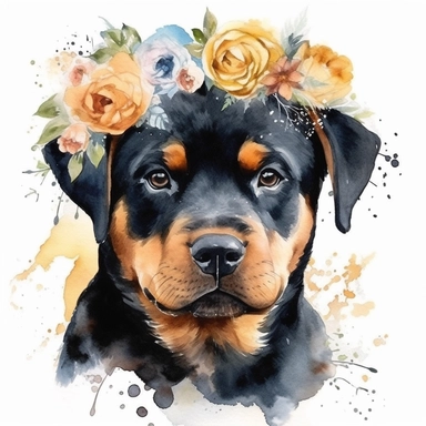 Rottweiler. Watercolor clipart of a small animal, portrait, puppy, doggy, child, flowers, nursery, crown, dog, wreath, pacifier, puppy