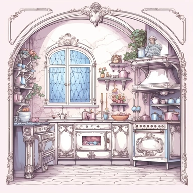 fairytale victorian kitchen, rococo, pastel colors, thick black border outline, contour, vector, clipart, watercolor, white background, hd