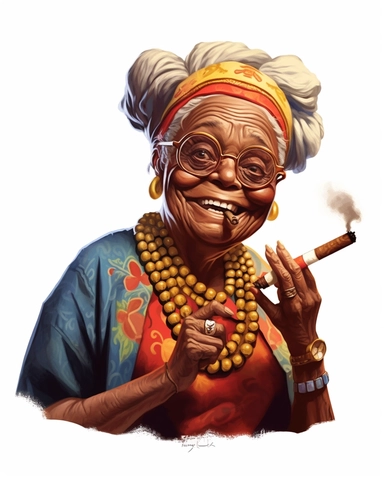 laughing funny Comic Book style Sassy hip African American Boho chic Grandma with long goddess braids puff puff pass Smoking a cuban cigar with smoke on the end tip of big blunt clipart