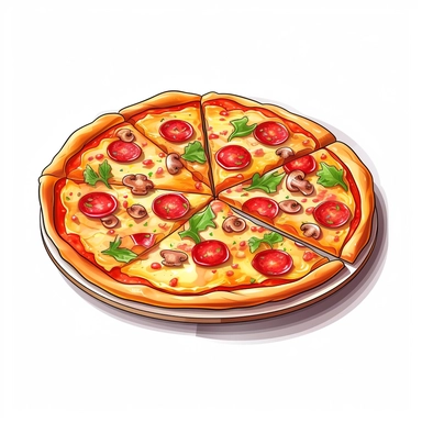 A pizza, cartoon, detailed, clip art, white background, no shadow