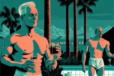 letraset clipart of handsome 40 year old men drinking a martini near a vintage, muscular man in palm springs at night, 1960's, happy, palm trees, mid century building, pool