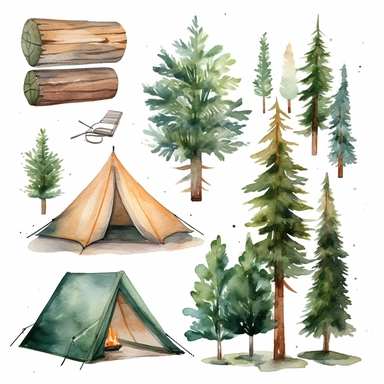 Watercolor camping clipart pine trees white background