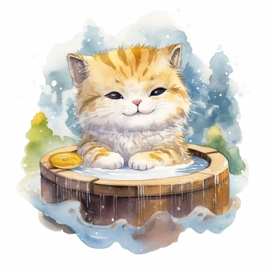 watercolor illustration, smiling with open mouth kitten, a kitten with a towel around its head and enjoying a hot spring, surrounded by gentle steam rising from the onsen water, feeling the pleasant sensation. Small bubbles dance through its fur, creating a mysterious yet beautiful sight. The cat stretches out, gradually unwinding, as the warmth of the onsen melts away the tension in its muscles. It gracefully savors the serene atmosphere and the gentle touch of nature, embracing the tranquility